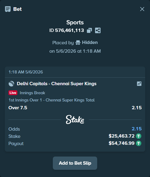 Bet slip: Delhi Capitals - Chennai Super Kings, $25,463.72 stake at 2.15 odds, placed by Hidden