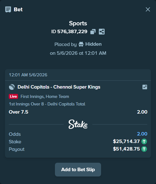 Bet slip: Delhi Capitals - Chennai Super Kings, $25,714.37 stake at 2.00 odds, placed by Hidden