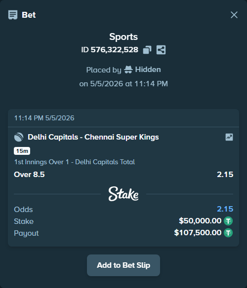 Bet slip: Delhi Capitals - Chennai Super Kings, $50,000.00 stake at 2.15 odds, placed by Hidden