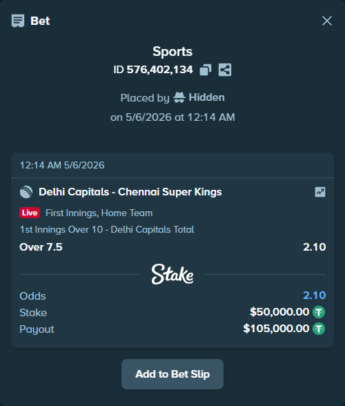 Bet slip: Delhi Capitals - Chennai Super Kings, $50,000.00 stake at 2.10 odds, placed by Hidden