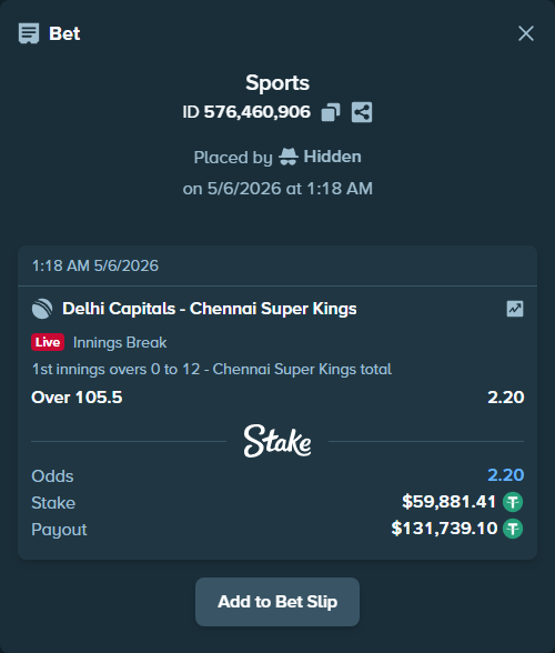 Bet slip: Delhi Capitals - Chennai Super Kings, $59,881.41 stake at 2.20 odds, placed by Hidden