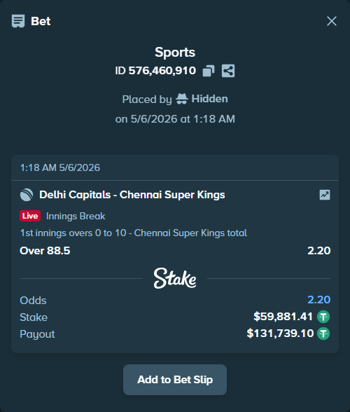 Bet slip: Delhi Capitals - Chennai Super Kings, $59,881.41 stake at 2.20 odds, placed by Hidden