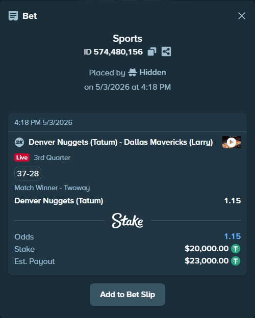 Bet slip: Denver Nuggets (Tatum) - Dallas Mavericks (Larry), $20,000.00 stake at 1.15 odds, placed by Hidden