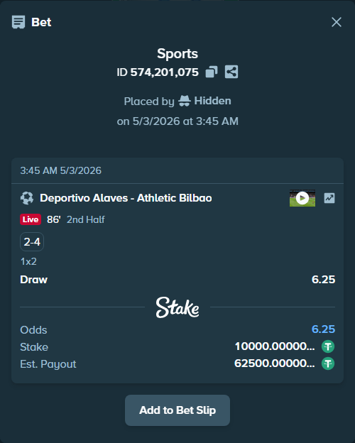 Bet slip: Deportivo Alaves - Athletic Bilbao, $10,000.00 stake at 6.25 odds, placed by Hidden