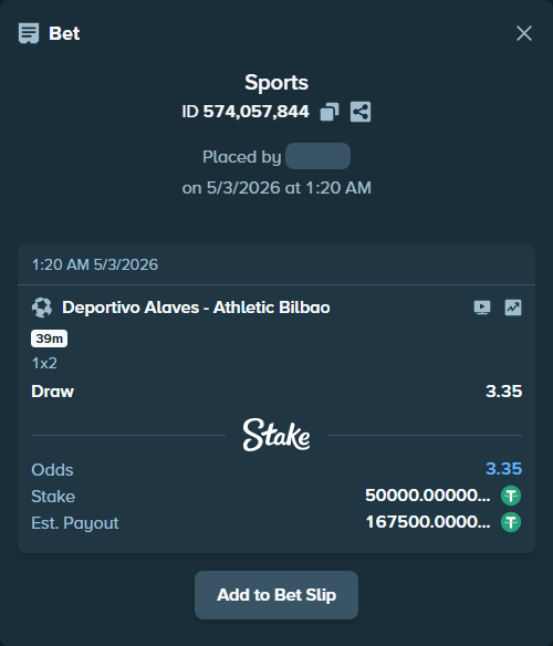 Bet slip: Deportivo Alaves - Athletic Bilbao, $50,000.00 stake at 3.35 odds, placed by xxxboom