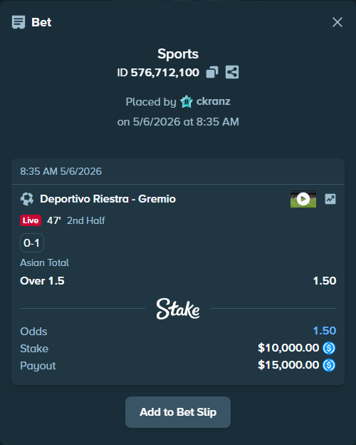 Bet slip: Deportivo Riestra AFBC - Gremio, $10,000.00 stake at 1.50 odds, placed by ckranz