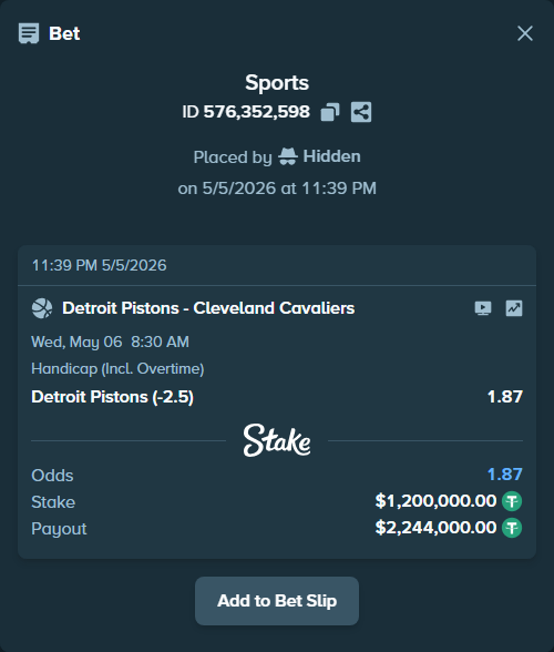 Bet slip: Detroit Pistons - Cleveland Cavaliers, $1,200,000.00 stake at 1.87 odds, placed by Hidden