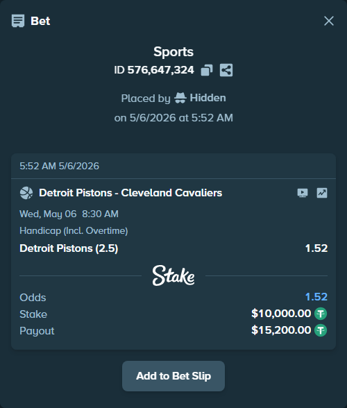Bet slip: Detroit Pistons - Cleveland Cavaliers, $10,000.00 stake at 1.52 odds, placed by Hidden