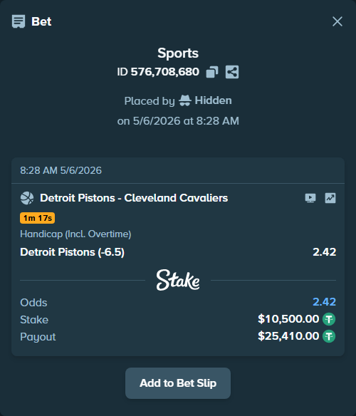 Bet slip: Detroit Pistons - Cleveland Cavaliers, $10,500.00 stake at 2.42 odds, placed by Hidden