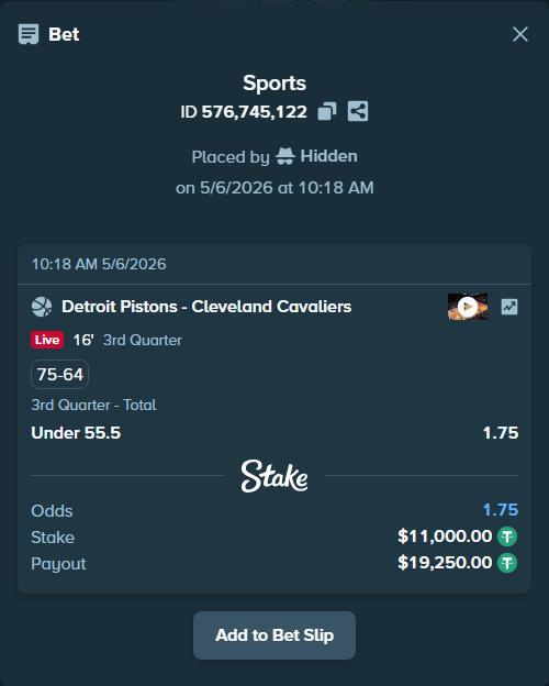 Bet slip: Detroit Pistons - Cleveland Cavaliers, $11,000.00 stake at 1.75 odds, placed by Hidden