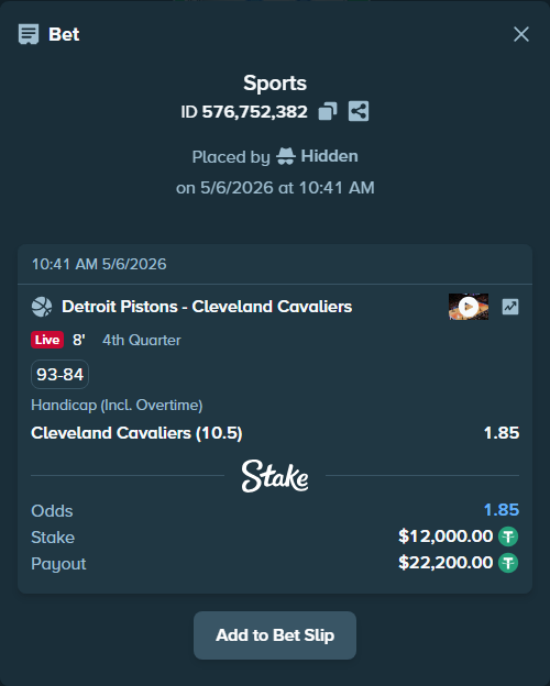 Bet slip: Detroit Pistons - Cleveland Cavaliers, $12,000.00 stake at 1.85 odds, placed by Hidden