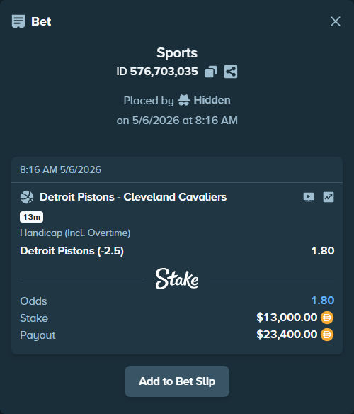 Bet slip: Detroit Pistons - Cleveland Cavaliers, $12,993.50 stake at 1.80 odds, placed by Hidden