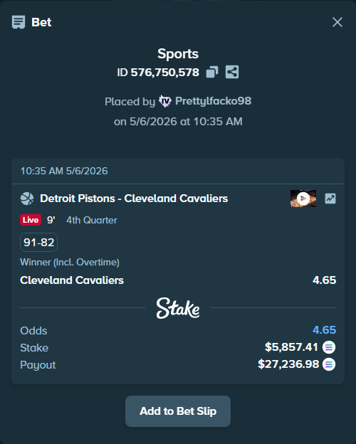 Bet slip: Detroit Pistons - Cleveland Cavaliers, $13,577.49 stake at 4.65 odds, placed by Prettylfacko98