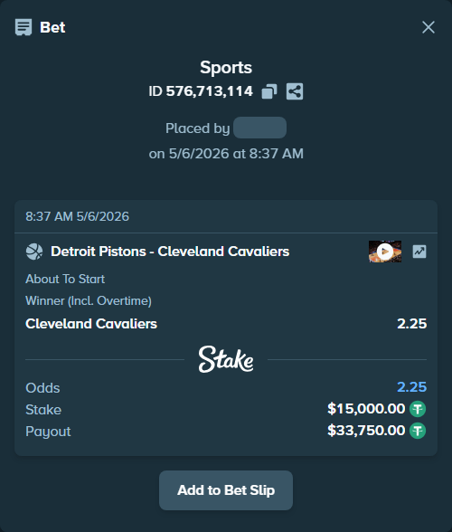 Bet slip: Detroit Pistons - Cleveland Cavaliers, $15,000.00 stake at 2.25 odds, placed by crazypianist
