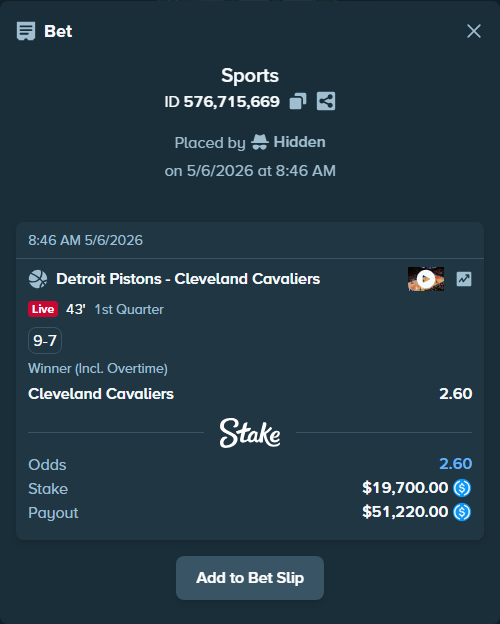 Bet slip: Detroit Pistons - Cleveland Cavaliers, $19,700.00 stake at 2.60 odds, placed by Hidden