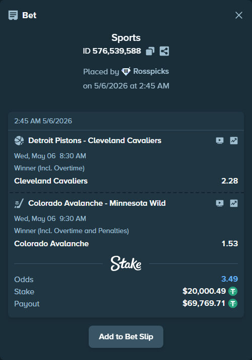 Bet slip: Detroit Pistons - Cleveland Cavaliers, $20,000.49 stake at 2.28 odds, placed by Rosspicks