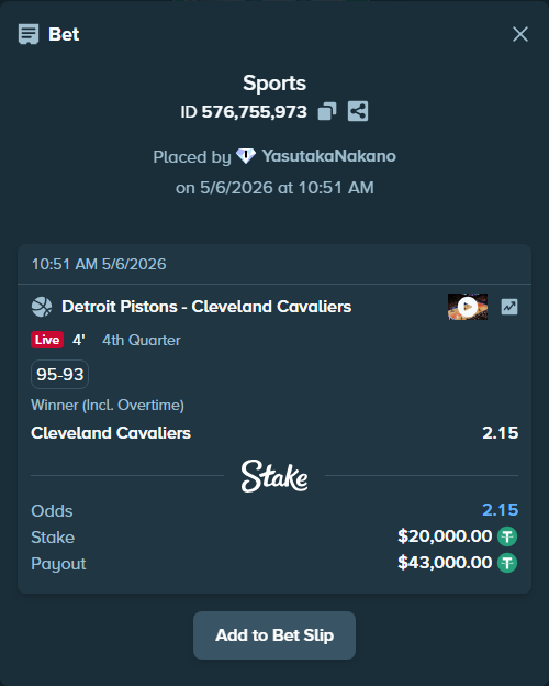 Bet slip: Detroit Pistons - Cleveland Cavaliers, $20,000.00 stake at 2.15 odds, placed by YasutakaNakano