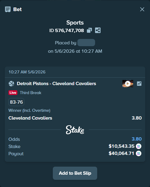 Bet slip: Detroit Pistons - Cleveland Cavaliers, $24,418.39 stake at 3.80 odds, placed by Prettylfacko98