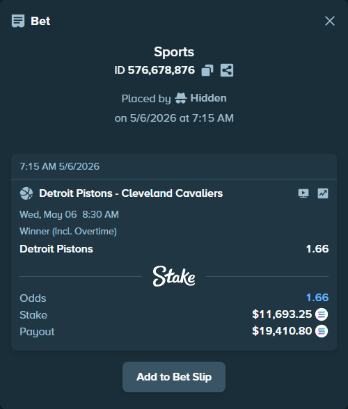 Bet slip: Detroit Pistons - Cleveland Cavaliers, $26,964.64 stake at 1.66 odds, placed by Hidden