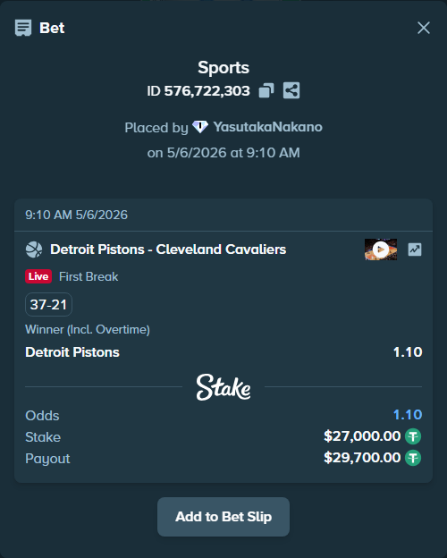 Bet slip: Detroit Pistons - Cleveland Cavaliers, $27,000.00 stake at 1.10 odds, placed by YasutakaNakano