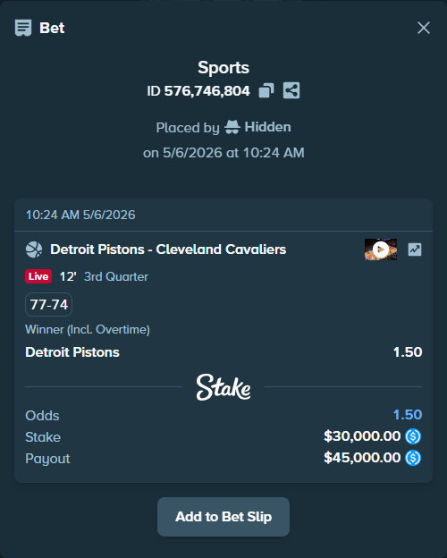 Bet slip: Detroit Pistons - Cleveland Cavaliers, $30,000.00 stake at 1.50 odds, placed by Hidden