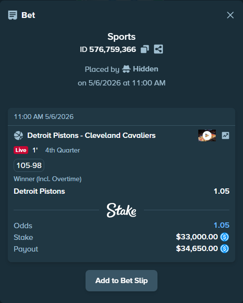 Bet slip: Detroit Pistons - Cleveland Cavaliers, $33,000.00 stake at 1.05 odds, placed by Hidden