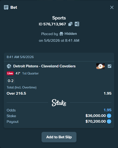 Bet slip: Detroit Pistons - Cleveland Cavaliers, $36,000.00 stake at 1.95 odds, placed by Hidden