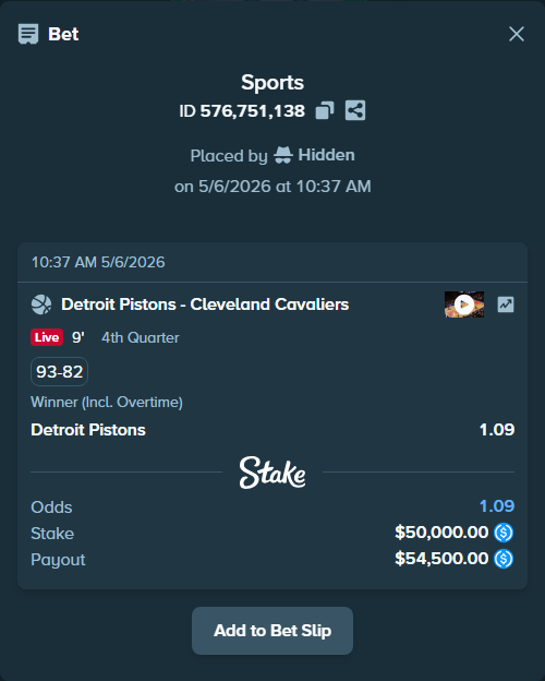 Bet slip: Detroit Pistons - Cleveland Cavaliers, $50,000.00 stake at 1.09 odds, placed by Hidden