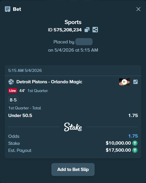 Bet slip: Detroit Pistons - Orlando Magic, $10,000.00 stake at 1.75 odds, placed by Jupavelli