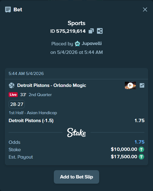 Bet slip: Detroit Pistons - Orlando Magic, $10,000.00 stake at 1.75 odds, placed by Jupavelli