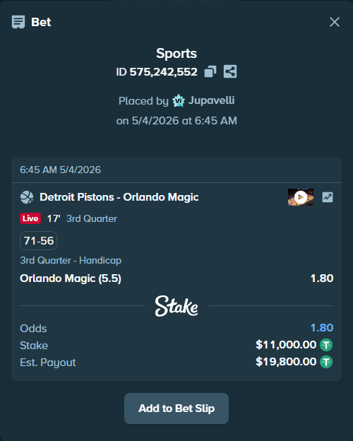 Bet slip: Detroit Pistons - Orlando Magic, $11,000.00 stake at 1.80 odds, placed by Jupavelli