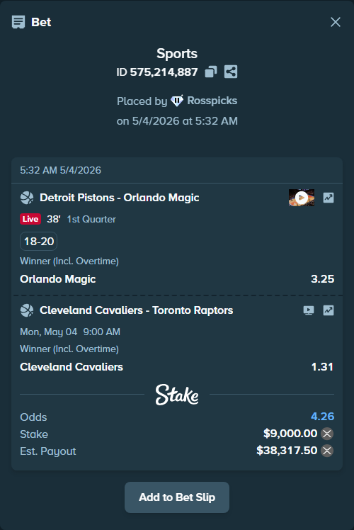 Bet slip: Detroit Pistons - Orlando Magic, $16,121.25 stake at 3.25 odds, placed by Rosspicks