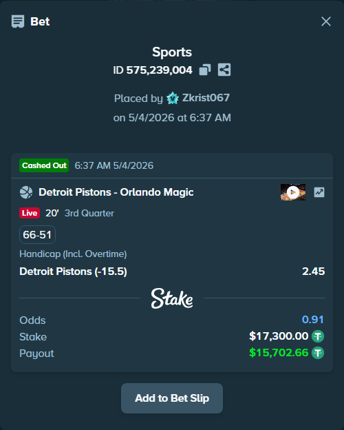 Bet slip: Detroit Pistons - Orlando Magic, $17,300.00 stake at 2.45 odds, placed by Zkrist067