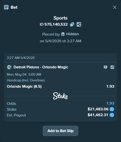 Bet slip: Detroit Pistons - Orlando Magic, $21,483.06 stake at 1.93 odds, placed by Hidden