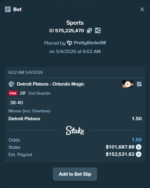 Bet slip: Detroit Pistons - Orlando Magic, $241,000.29 stake at 1.50 odds, placed by Prettylfacko98