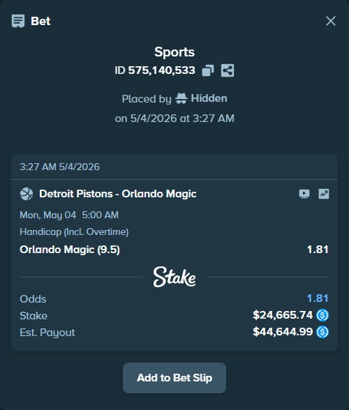 Bet slip: Detroit Pistons - Orlando Magic, $24,665.74 stake at 1.81 odds, placed by Hidden
