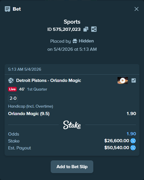 Bet slip: Detroit Pistons - Orlando Magic, $26,600.00 stake at 1.90 odds, placed by Hidden