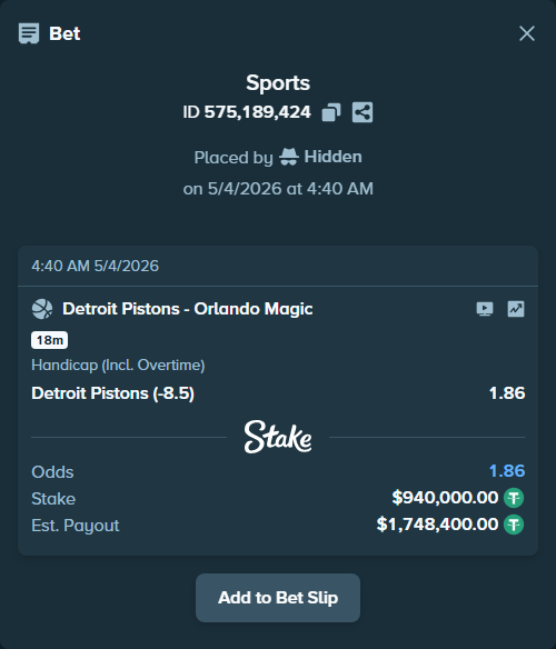 Bet slip: Detroit Pistons - Orlando Magic, $940,000.00 stake at 1.86 odds, placed by Hidden
