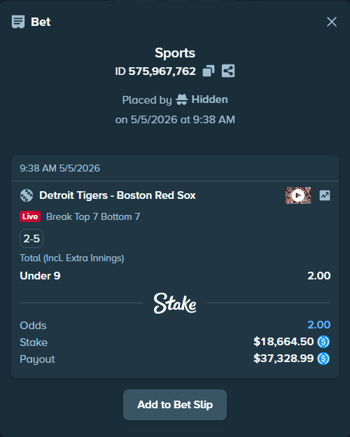 Bet slip: Detroit Tigers - Boston Red Sox, $18,664.50 stake at 2.00 odds, placed by Hidden