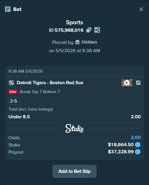 Bet slip: Detroit Tigers - Boston Red Sox, $18,664.50 stake at 2.00 odds, placed by Hidden