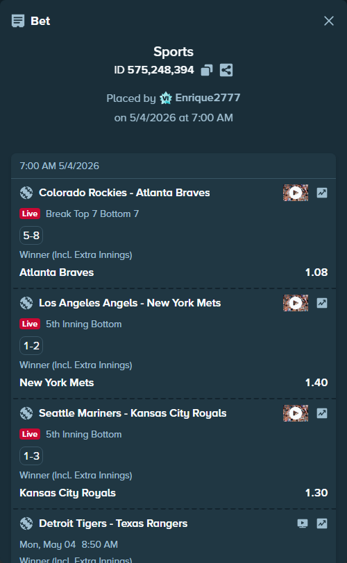Bet slip: Detroit Tigers - Texas Rangers, $10,000.00 stake at 1.81 odds, placed by Enrique2777