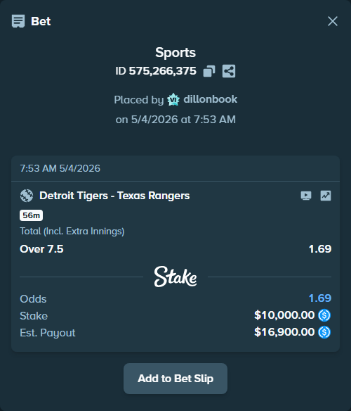 Bet slip: Detroit Tigers - Texas Rangers, $10,000.00 stake at 1.69 odds, placed by dillonbook