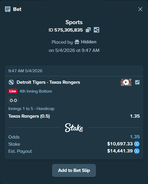 Bet slip: Detroit Tigers - Texas Rangers, $10,697.33 stake at 1.35 odds, placed by Hidden
