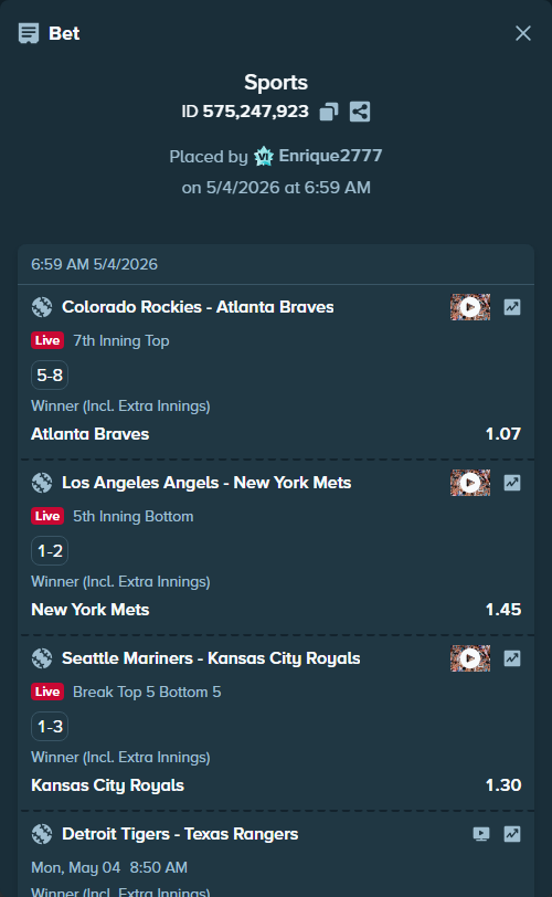 Bet slip: Detroit Tigers - Texas Rangers, $16,000.00 stake at 1.81 odds, placed by Enrique2777