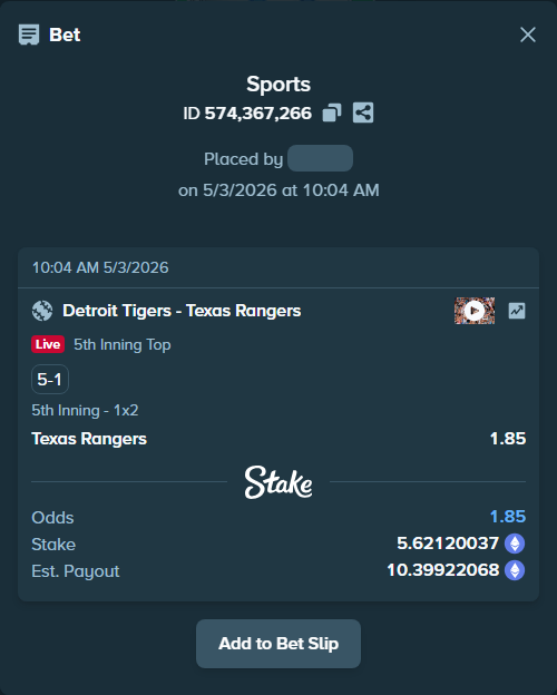 Bet slip: Detroit Tigers - Texas Rangers, $19,674.20 stake at 1.85 odds, placed by azosuka