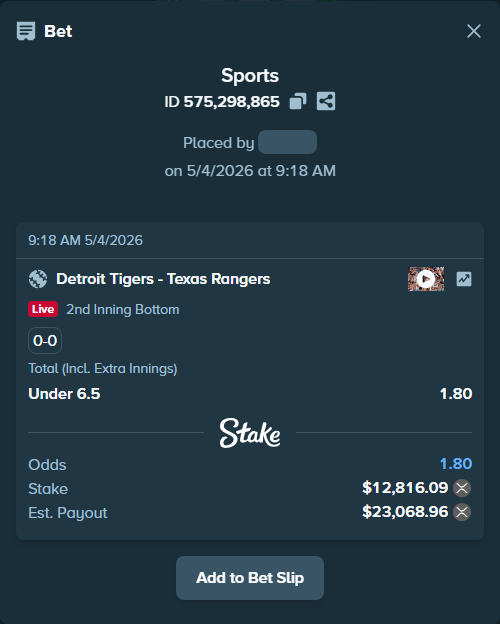 Bet slip: Detroit Tigers - Texas Rangers, $23,033.71 stake at 1.80 odds, placed by Dash30