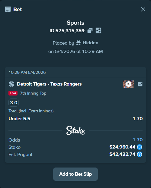 Bet slip: Detroit Tigers - Texas Rangers, $24,960.44 stake at 1.70 odds, placed by Hidden