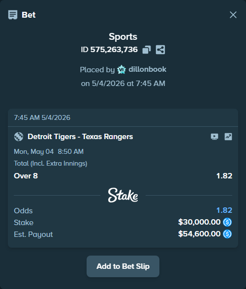 Bet slip: Detroit Tigers - Texas Rangers, $30,000.00 stake at 1.82 odds, placed by dillonbook