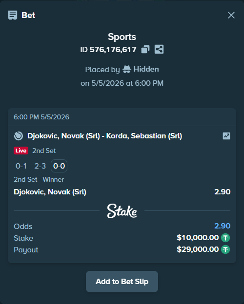Bet slip: Djokovic, Novak (Srl) - Korda, Sebastian (Srl), $10,000.00 stake at 2.90 odds, placed by Hidden