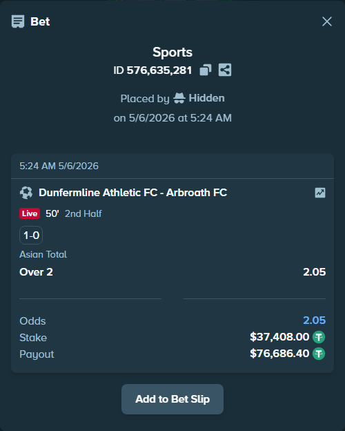 Bet slip: Dunfermline Athletic FC - Arbroath FC, $37,408.00 stake at 2.05 odds, placed by Hidden